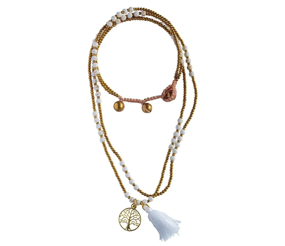Halskette - Baum des Lebens- Howlith- und Messingperlen 55cm