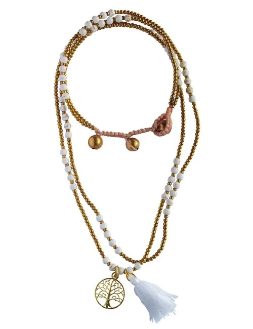 Halskette "Baum des Lebens" Howlith- und Messingperlen 55cm