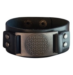 Armband - Blume des Lebens- Leder, schwarz, Metalllegierung, silberfarben 23x3cm verstellbar