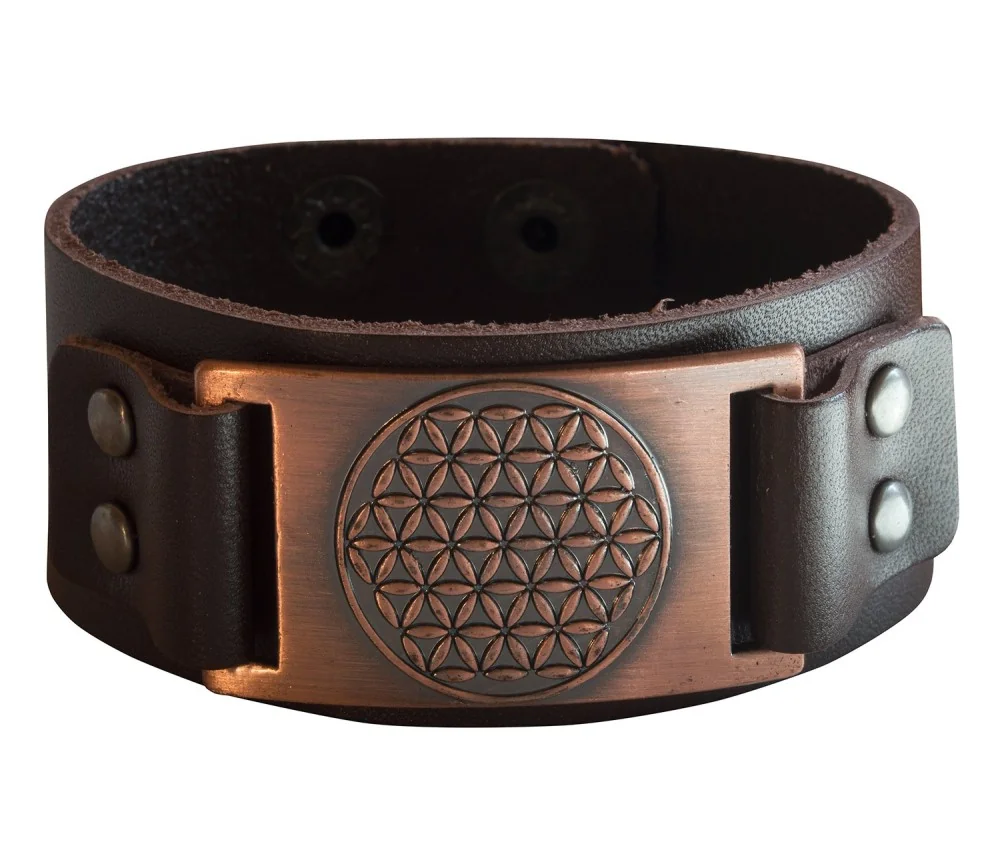 Armband - Blume des Lebens- Leder, braun, Metalllegierung, bronzefarben 23x3cm verstellbar