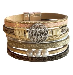 Armband - Blume des Lebens- Kunstleder beige, Metall silberfarben mit Magnetverschluß, 19x4cm