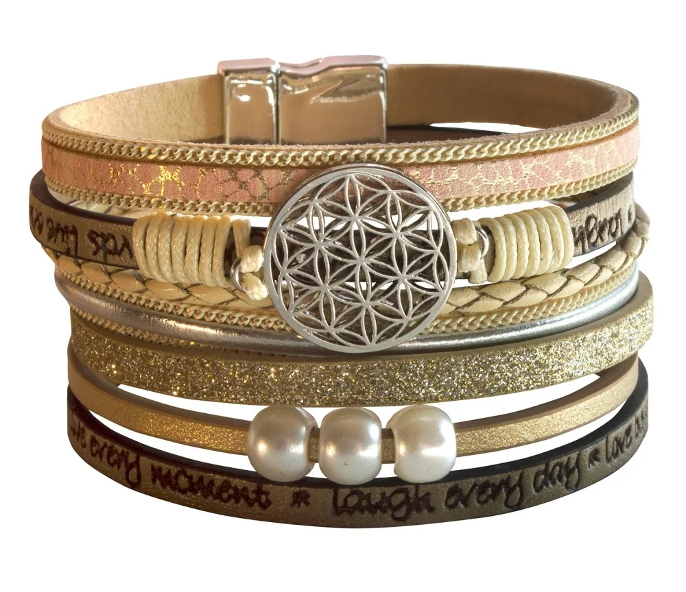 Armband - Blume des Lebens- Kunstleder beige, Metall silberfarben mit Magnetverschluß, 19x4cm