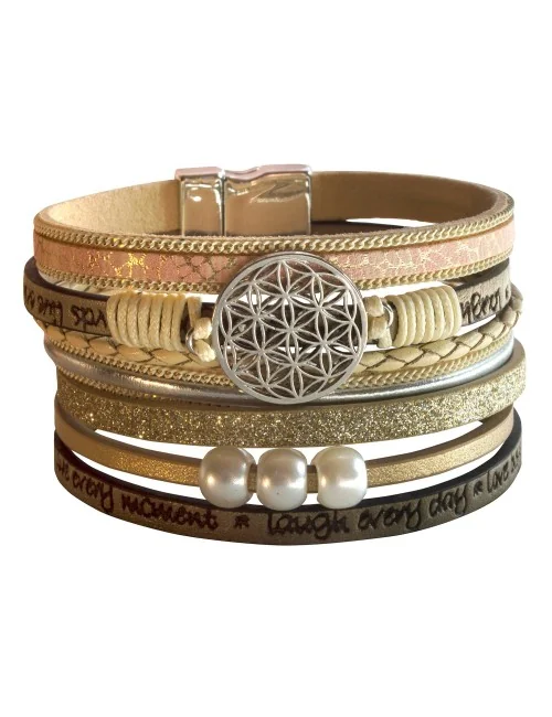 Armband "Blume des Lebens" Kunstleder beige