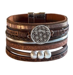 Armband - Blume des Lebens- Kunstleder braun, Metall silberfarben mit Magnetverschluß, 19x4cm