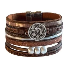 Armband - Blume des Lebens- Kunstleder braun, Metall silberfarben mit Magnetverschluß, 19x4cm