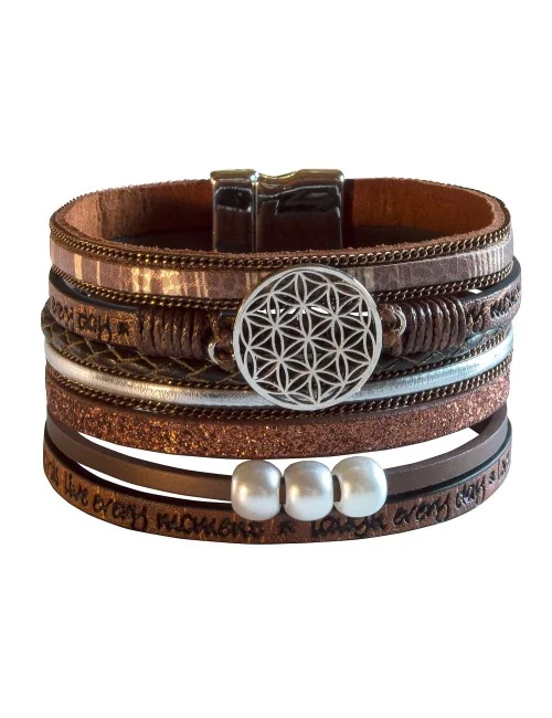 Armband "Blume des Lebens" Kunstleder braun
