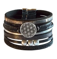 Armband - Blume des Lebens- Kunstleder schwarz, Metall silberfarben mit Magnetverschluß, 19x4cm