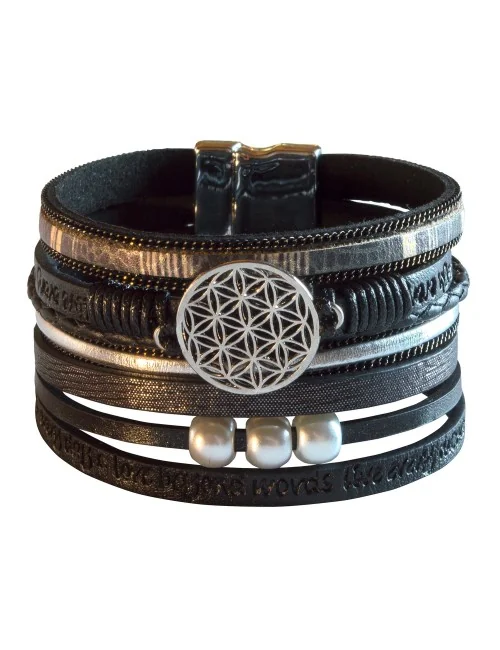 Armband "Blume des Lebens" Kunstleder schwarz