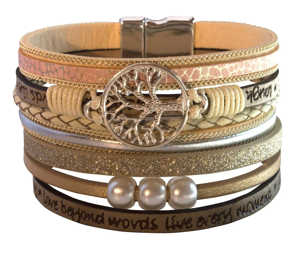 Armband - Baum des Lebens- Kunstleder beige, Metall silberfarben mit Magnetverschluß, 19x4cm