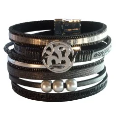 Armband - Om- Kunstleder schwarz, Metall silberfarben mit Magnetverschluß, 19x4cm