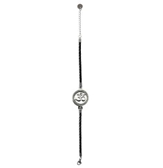 Armband - Om- Leder schwarz, Edelstahl mit Zirkonia, 19-24cm verstellbar