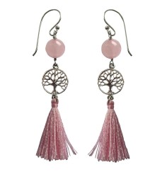 Ohrringe - Baum des Lebens- 1,2cm 925 Silber mit Rosenquarz-Perle und Rosa Tassel 3,5cm