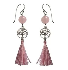 Ohrringe - Baum des Lebens- 1,2cm 925 Silber mit Rosenquarz-Perle und Rosa Tassel 3,5cm