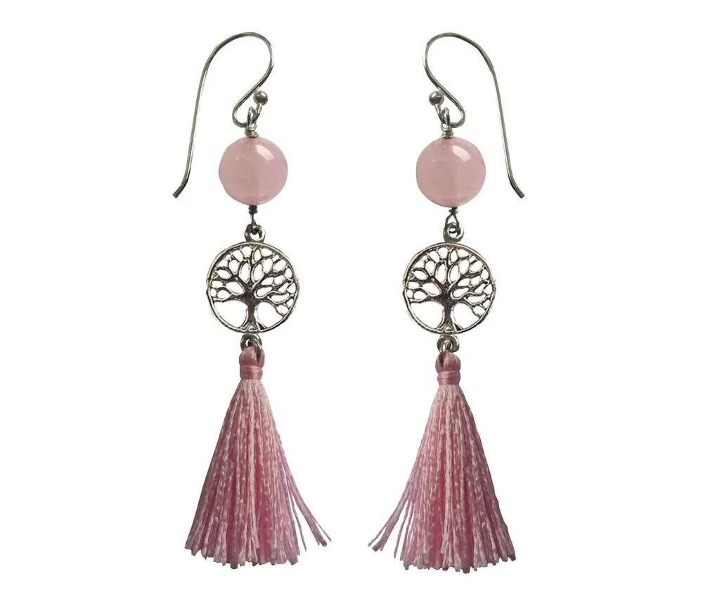 Ohrringe - Baum des Lebens- 1,2cm 925 Silber mit Rosenquarz-Perle und Rosa Tassel 3,5cm