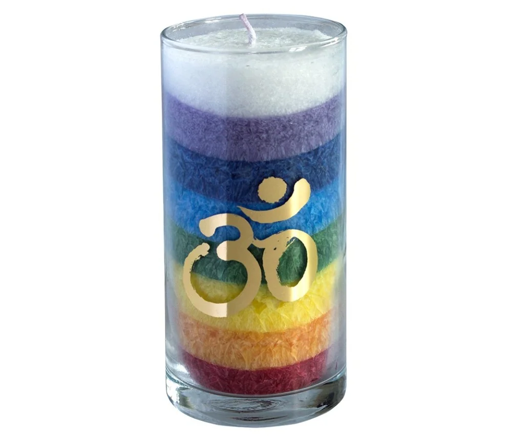 Kerze "Rainbow Om" im Glas Stearin regenbogen 14cm