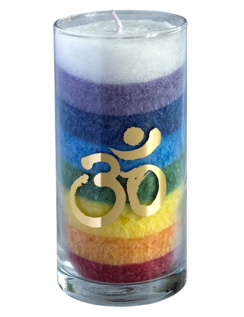 Kerze "Rainbow Om" im Glas Stearin regenbogen 14cm