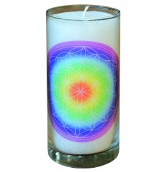 Kerze "Blume des Lebens regenbogen" im Glas Stearin weiss 14cm