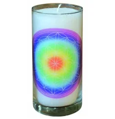 Kerze "Blume des Lebens regenbogen" im Glas Stearin weiss 14cm