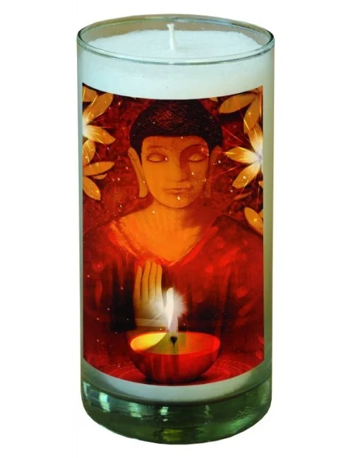 Kerze "Buddha" im Glas Stearin weiss 14cm