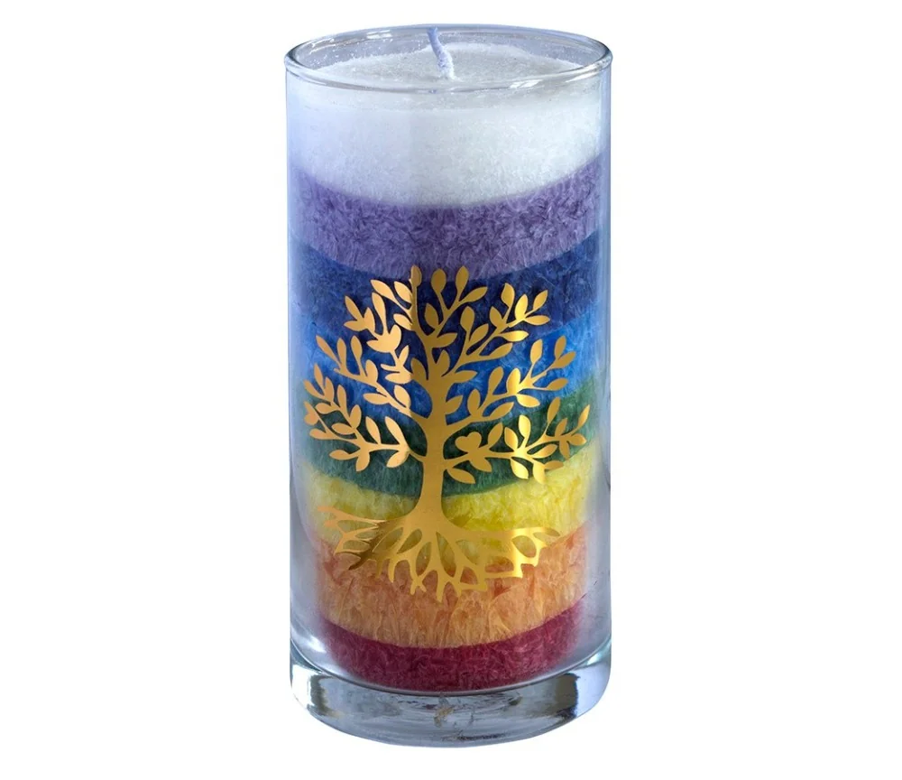 Kerze "Rainbow Lebensbaum" im Glas Stearin regenbogen 14cm