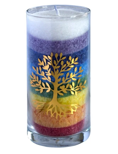 Kerze "Rainbow Lebensbaum" im Glas Stearin regenbogen 14cm