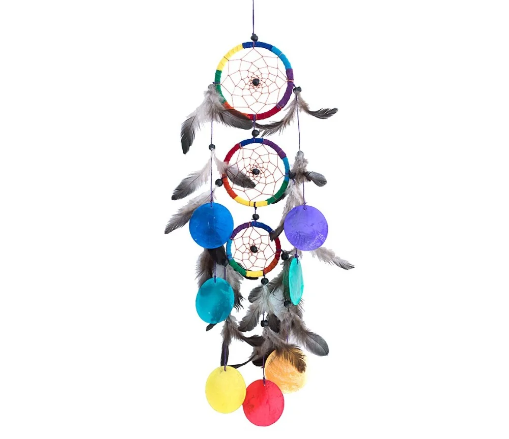 Traumfänger Mobile mit 3 TF und Capiz Muscheln regenbogen Leder 9x50cm