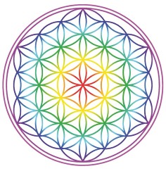 Aufkleber 14cm  "Blume des Lebens" Regenbogen-Chakra transparent