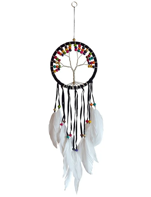Traumfänger "Tree of Life" Leder schwarz 16cm mit farbigen Holzperlen
