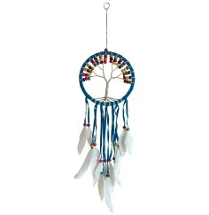 Traumfänger "Tree of Life" Leder türkis 16cm mit farbigen Holzperlen, 16x50cm\n