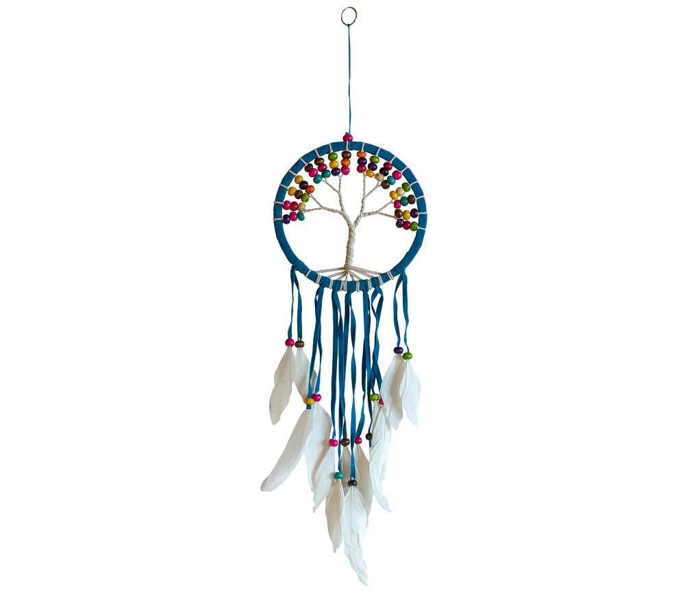 Traumfänger "Tree of Life" Leder türkis 16cm mit farbigen Holzperlen, 16x50cm\n