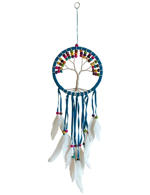 Traumfänger "Tree of Life" Leder türkis 16cm mit farbigen Holzperlen