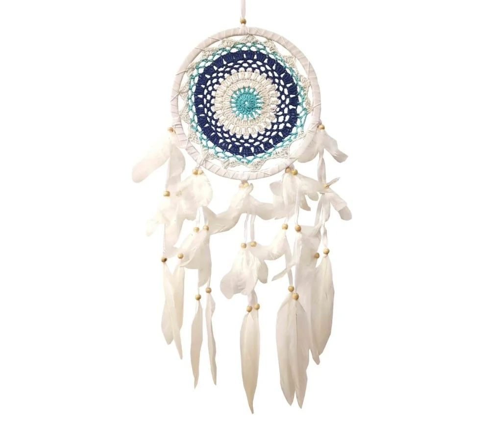 Traumfänger "Boy" Leder 22cm mit gewebtem Netz blau, 22x65cm