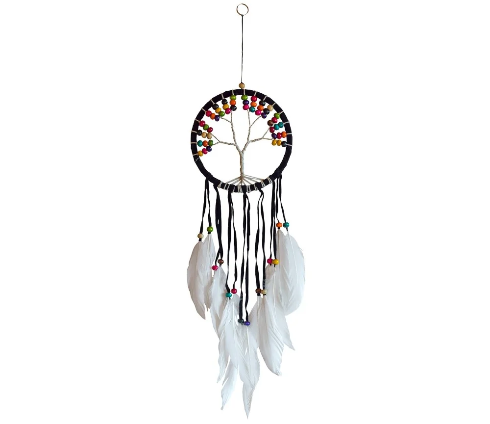 Traumfänger "Tree of Life" Leder braun 16cm mit farbigen Holzperlen, 16x50cmn