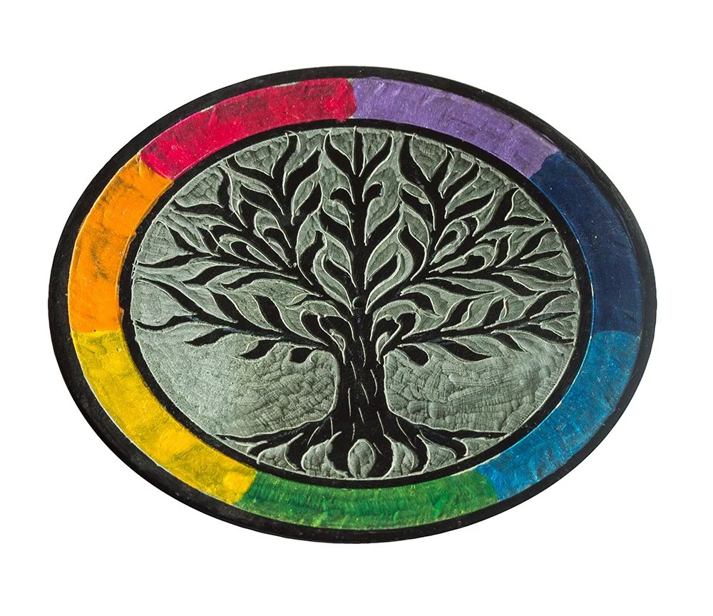 Räucherstäbchenhalter "Baum des Lebens rainbow" Speckstein rund 10cm