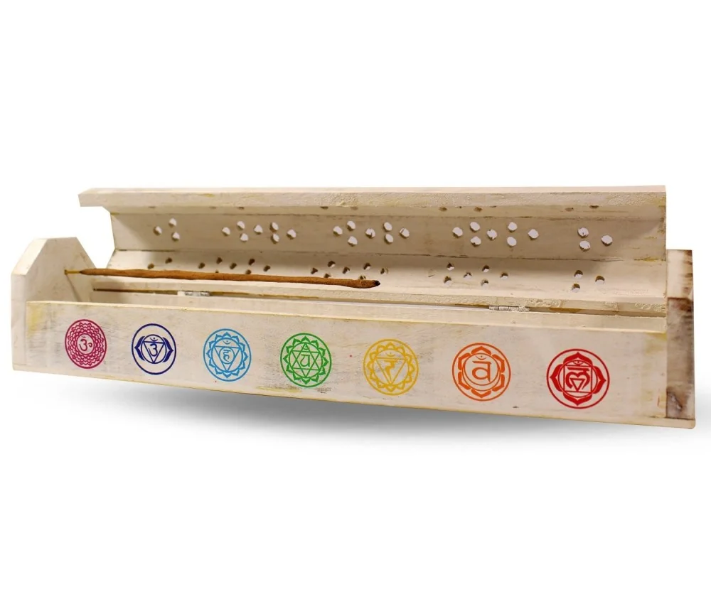 Räucherstäbchenhalter India Truhe "7 Chakren" Holz weiß 30x6cm