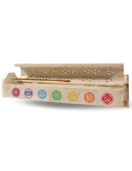 Räucherstäbchenhalter India Truhe "7 Chakren" Holz weiß 30x6cm