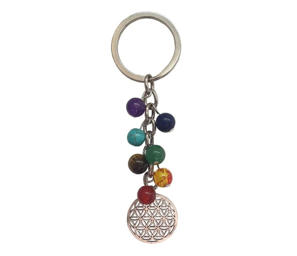 Schlüsselanhänger "Blume des Lebens" Chakra Edelsteine mit Metall Anhänger, 10cm