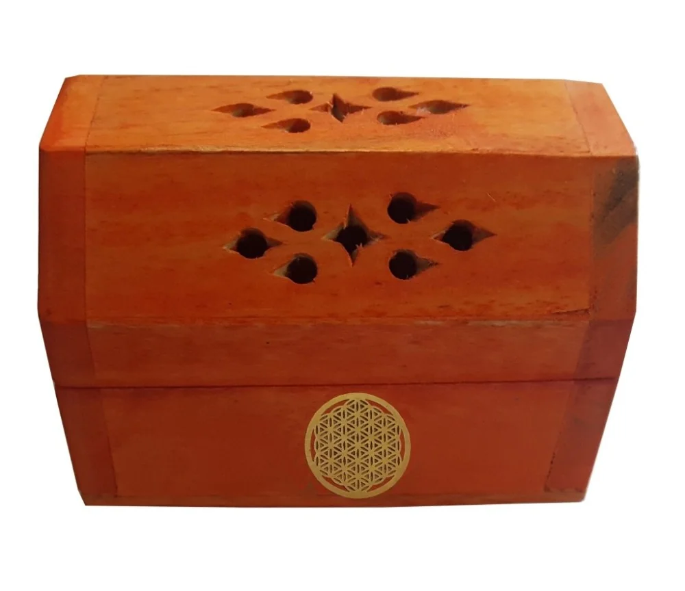 Räucherkegelhalter India Truhe "Blume des Lebens" Holz orange 9x6cm