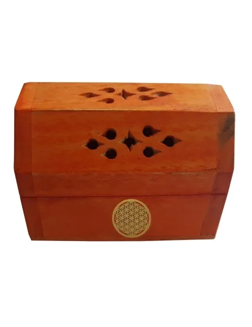 Räucherkegelhalter India Truhe "Blume des Lebens" Holz orange 9x6cm