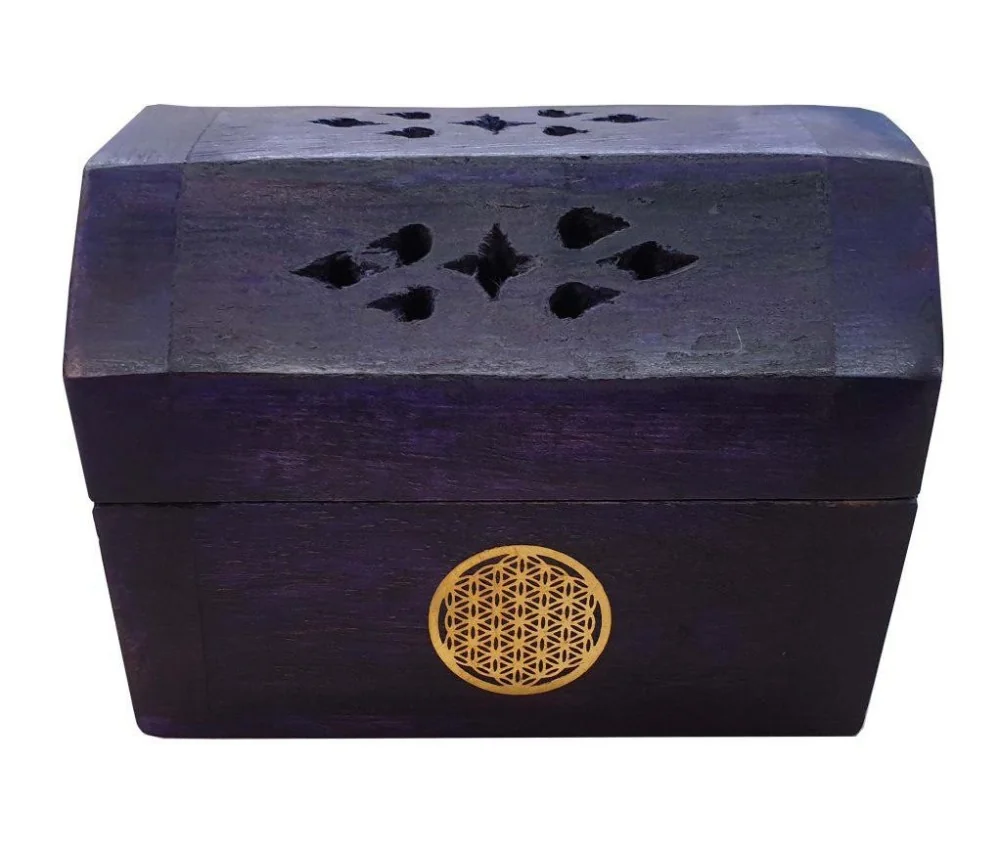 Räucherkegelhalter India Truhe "Blume des Lebens" Holz violett 9x6cm