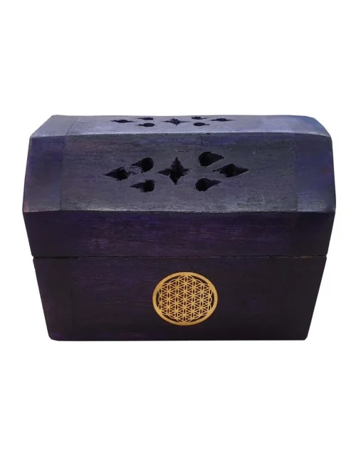 Räucherkegelhalter India Truhe "Blume des Lebens" Holz violett 9x6cm
