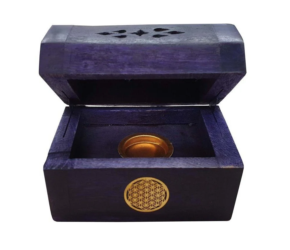 Räucherkegelhalter India Truhe "Blume des Lebens" Holz violett 9x6cm