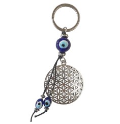 Schlüsselanhänger "Blume des Lebens / Nazar" Metall- und Glas Anhänger 4x10cm