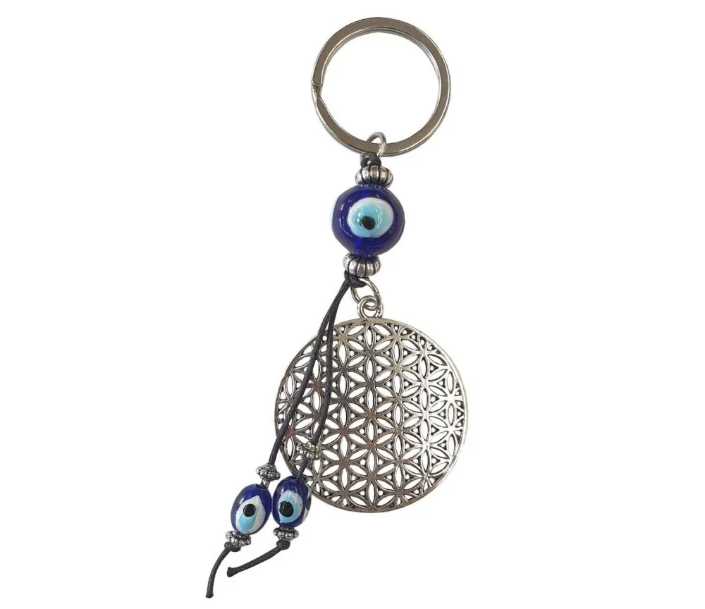 Schlüsselanhänger "Blume des Lebens / Nazar" Metall- und Glas Anhänger 4x10cm