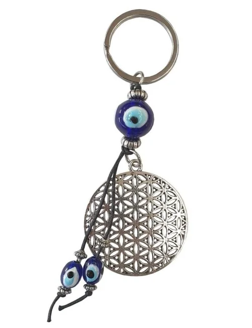 Schlüsselanhänger "Blume des Lebens / Nazar" Metall- und Glas Anhänger 4x10cm