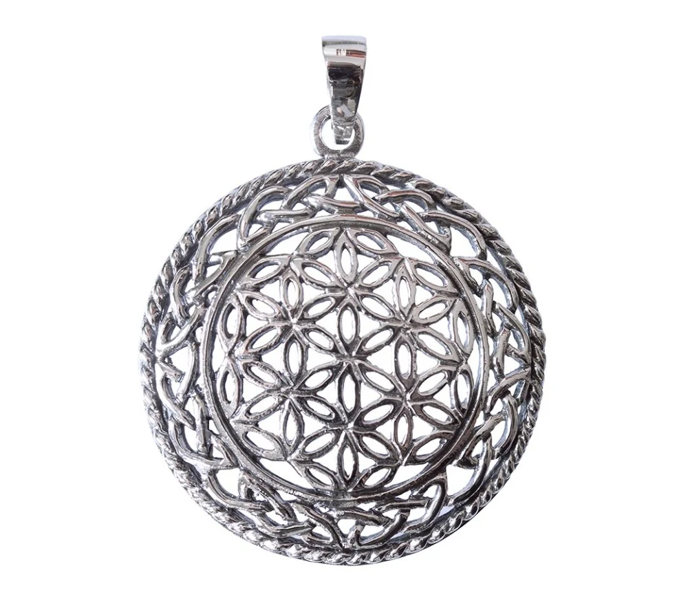 Anhänger - Blume des Lebens- mit Endlosknoten Bronze versilbert 8,2g 3,5cm