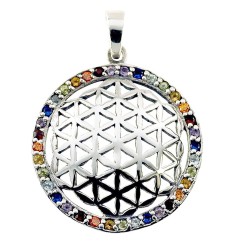 Anhänger -  Blume des Lebens- mit 32 Zirkonia Messing versilbert 3,4g 2,5cm