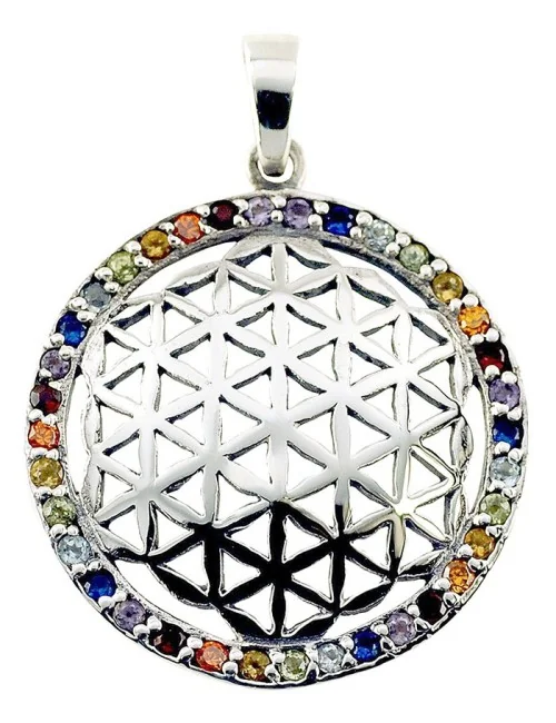 Anhänger "Blume des Lebens" mit 32 Zirkonia Messing versilbert 3