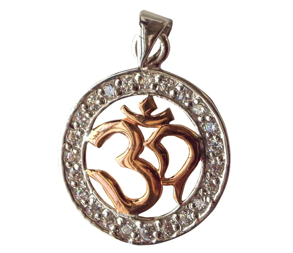 Anhänger - Om- mit 23 Zirkonia 925 Silber vergoldet 2cm, 2,8g.