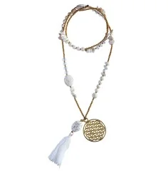 Halskette "Blume des Lebens" Howlith-, Glas- und Messingperlen 82cm